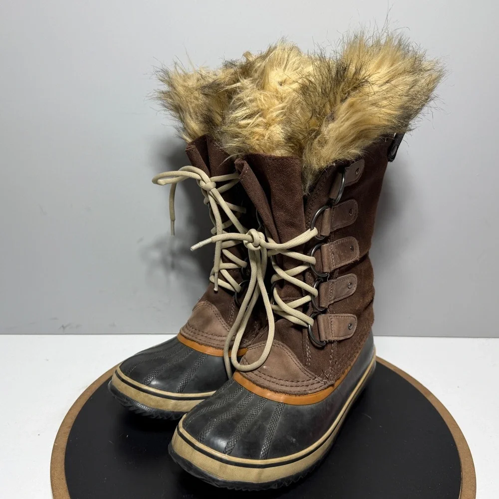Sorel‎ Tofino Winter Boots Women Size 8 Waterproof Suede Brown Black Faux Fur